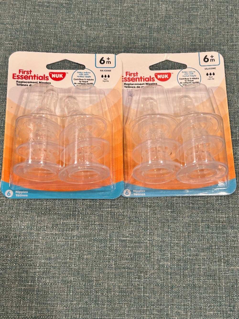 Lot of 2 NUK First Essentials Replacement Nipples Silicone Fast Flow Anti-Colic